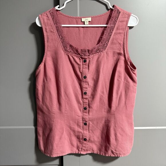 J.Jill Women Sleeveless Linen Cotton Blend Button Up Lace Trim Tank Top Pink Med - Picture 1 of 6
